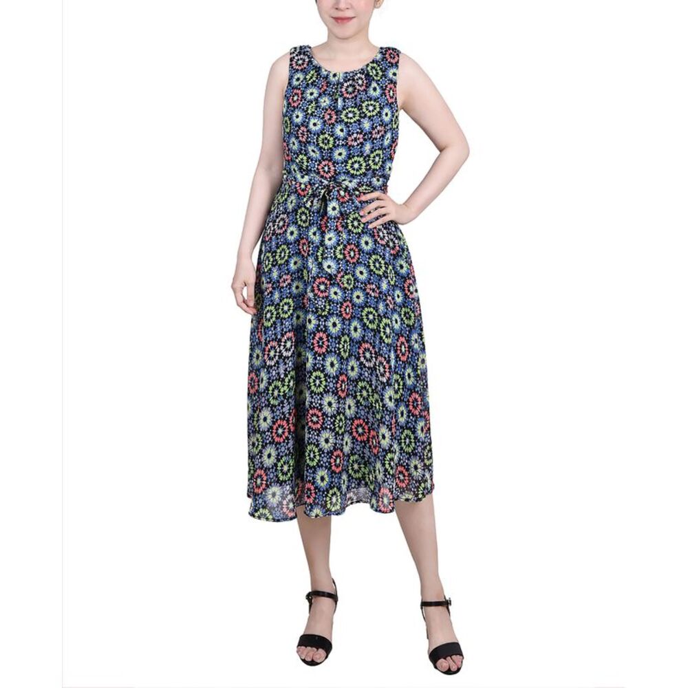 NY Collection Petite Sleeveless Chiffon Belted Dress
